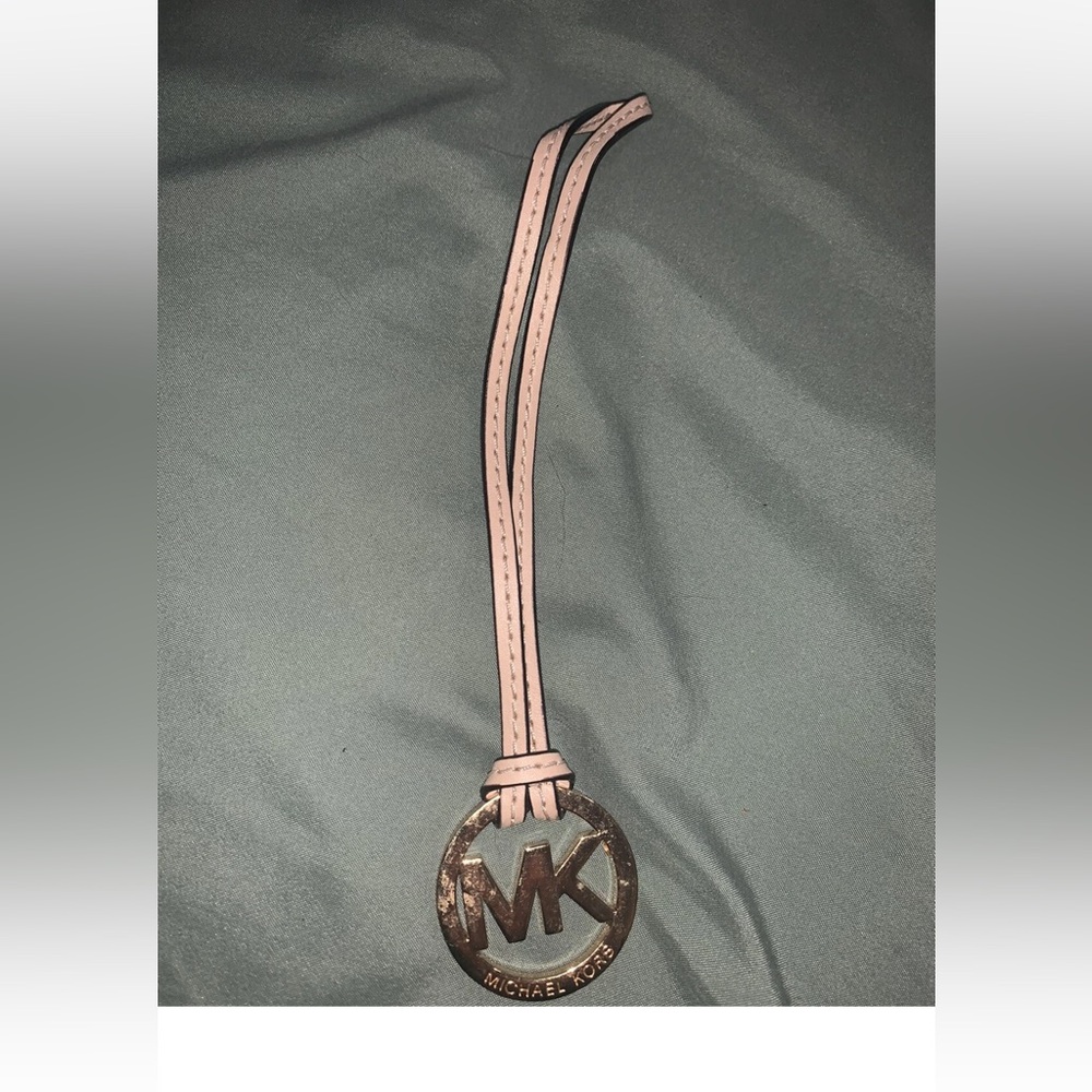 Michael Kors Gold Logo Purse Bag Charm KEY Chain FOB Hang Tag Tan Beige Leather